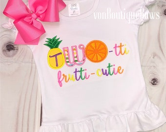 Birthday fruit pineapple orange twotti frutti Bow Personalized Shirt second 2nd two Birthday Girl Tank Short Long Sleeve tee applique shirt