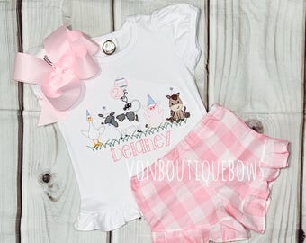 Barnyard Birthday Outfit: Embroidered Farm Animals Shirt, Ruffle Shorts & Hair Bow