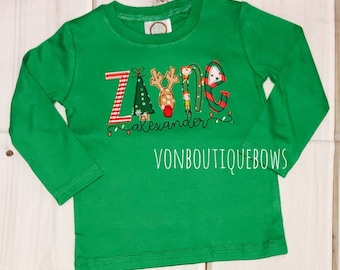Personalized name shirt, boys Christmas shirt, Christmas lights name shirt, boys Christmas shirt, Santa monogram shirt, Siblings matching