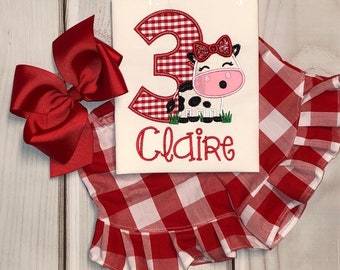 Cow red birthday shirt for girls farm party ruffle shorts gingham outfit 1st birthday 2nd birthday 12 18 months 2t 3t 4t 5t 3rd 4th 5th 6th