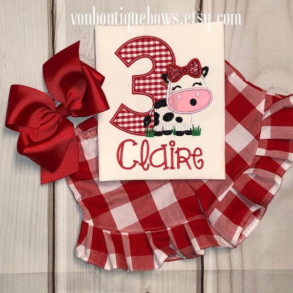 Cow red birthday shirt for girls farm party ruffle shorts gingham outfit 1st birthday 2nd birthday 12 18 months 2t 3t 4t 5t 3rd 4th 5th 6th