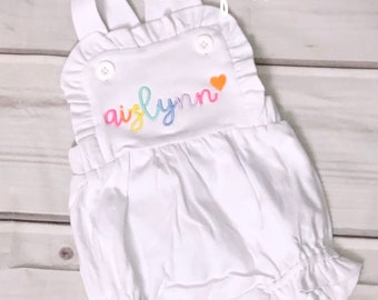 Girls personalized romper, girls name sunsuit, girls bubble name Rainbow Ruffle Outfit Boutique 3 6 12 months 2T