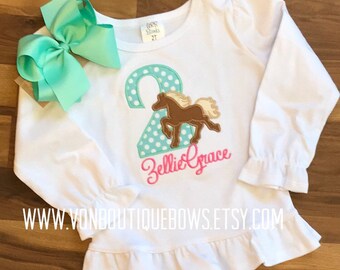 Horse aqua mint polka dot bow Personalized Boutique Number Birthday First 1st 2T 3 4 5 6 8 Girls Applique Short Long Sleeve Tank