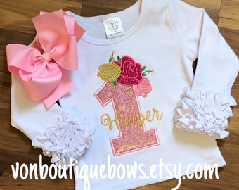 Personalized Floral Birthday Applique Shirt, Rose Gold Number, Boutique Bow
