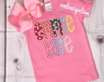 Pink rainbow name monogram shirt personalized vintage raggy stitch red yellow blue orange 12 months 18 months 2T 3T 4T girls 5 6 8 10