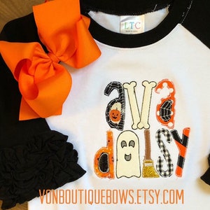 Halloween Shirt black orange ghost broom bones 6 12 18 24 month 2T 3T 4T 5 6 8 10 girls long short sleeve ruffle raglan