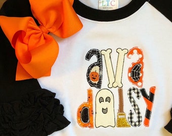Personalized Halloween Raglan Shirt, Ghost, Broom & Bones, Matching Hairbow