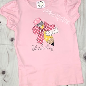 Pencil Back to School First Day of School Boutique Bow Monogram Personalized preschool kindergarten pink Yellow Purple Applique 1st grade