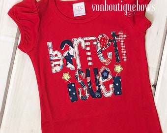 4th of July patriotic girls applique name red shirt summer 12 months 18months 2t 3T girls 4 5 6 8 10 tank top ruffle sleeves flag