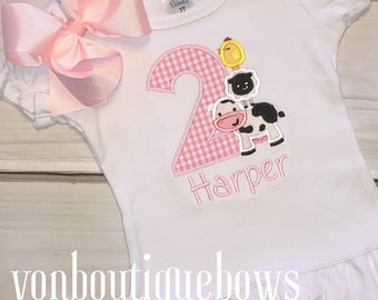 Girls' Pink Barnyard Birthday Shirt, Animal Gingham Cow sheep chicken 1st 2nd 3rd outfit