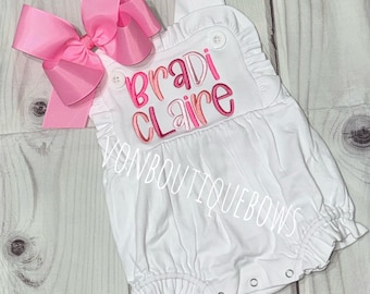 Personalized Baby Romper: pink Embroidered Name, Rainbow Ruffle Sunsuit, Boutique Outfit baby