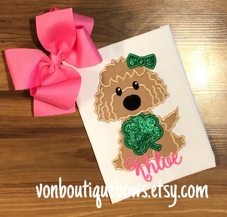 Puppy Shamrock green Applique Matching Bow Girls Boutique Clothes Newborn 3 6 9 12 months 2T 3T 4T 5T 6 8 10 St. Patricks day image 1