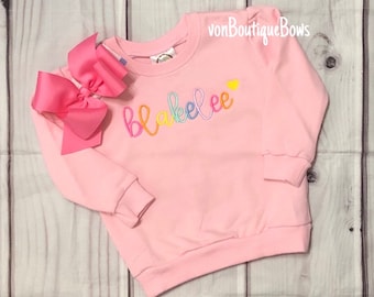 Girls personalized sweatshirt, girls name shirt, girls bow name top Rainbow Outfit Boutique 12 months 2T 3T 4T 5T 6 8