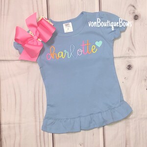 Girls light blue personalized shirt, girls name shirt, bow name top Rainbow Outfit Boutique shirt 6 12 18 months 2T 3T 4T 5T 6 8 birthday