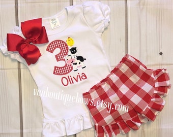 Barnyard birthday shirt for girls red gingham ruffle shorts farm party birthday outfit 1st 2nd 12 18 months 2t 3t 4t 5t 6t 3rd 4th 5th 6th