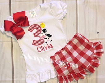Girls Barnyard Birthday Outfit: Red Gingham Ruffle Shorts, Appliqued Farm Animal Shirt Cow Chicken