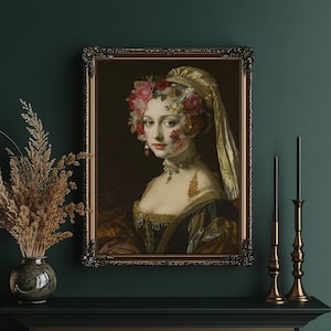 Floral Renaissance Frau Kunstdruck | Vintage botanisches Porträt | Digitaler Download | Klassische Wanddeko