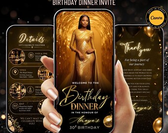 Luxury Gold Birthday Dinner Party Invitation | Elegant Gold Celebration Evite | Editable Canva Template