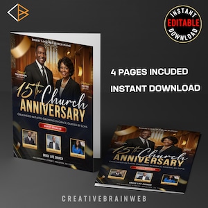 May include: A brochure for a church anniversary, featuring a dark background with gold accents. The cover displays the text "15th Church Anniversary" with images of people and the words "Instant Editable Download."