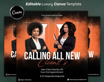 New Client Booking Flyer | Calling All New Clients Beauty Marketing | Hair Lash Nail MUA | Editable Canva Template