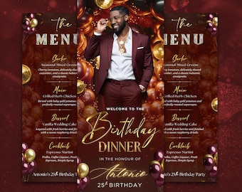 Burgundy and Gold Birthday Dinner Menu | Editable Dinner Party Menu | Elegant Printable Table Card