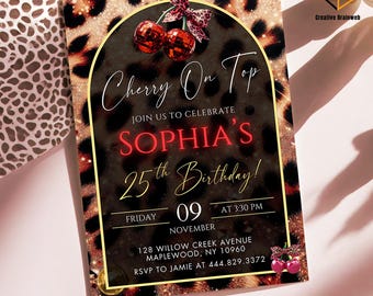 Cherry On Top Birthday Invitation | Leopard Disco Red Theme | Editable Digital Birthday Invite Template | Party Download