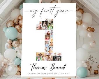 Photo Collage Birthday Poster – Editable 1st Birthday Number One Template | Instant Canva Download