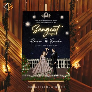 Może przedstawiać: Znak ślubny na sztaludze ze słowami "Sangeet Night" w świecącym skrypcie. Znak zawiera ilustracje pary tańczącej pod gwiaździstym niebem, z tekstem "Dołącz do nas na noc pełną muzyki, tańca i świętowania w Sangeet Ranveer & Renuka."