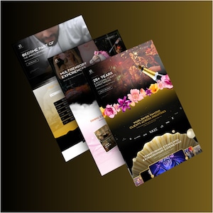 K&ouml;nnte beinhalten: Vier Werbeflyer mit Text wie "BECOME PART OF", "MULTISENSORY EXPERIENCES" und "25+ YEARS". Die Flyer zeigen Bilder von Menschen und Veranstaltungen in Gold- und Schwarzfarben.