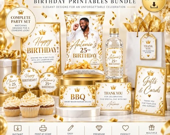 White and Gold Birthday Party Favor Bundle | Birthday Party Decor | Printable Favor Templates | Editable Canva