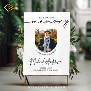 Può includere: Un cartello commemorativo bianco con il testo IN LOVING memory, una fotografia di un uomo con cappello e sciarpa, il testo GRANDFATHER OF THE BRIDE, il nome Michael Anderson e il testo FOREVER LOVED AND CHERISHED IN OUR HEART.