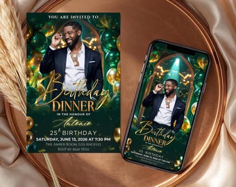 Birthday Invitation Template | Emerald Green & Antique Gold Animated Evite | Black Tie Glam Party Invite | Editable Canva Download