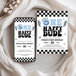 One Happy Dude 1st Birthday Invitation Template | Smiley Face Retro Party Invite | Editable Canva Download