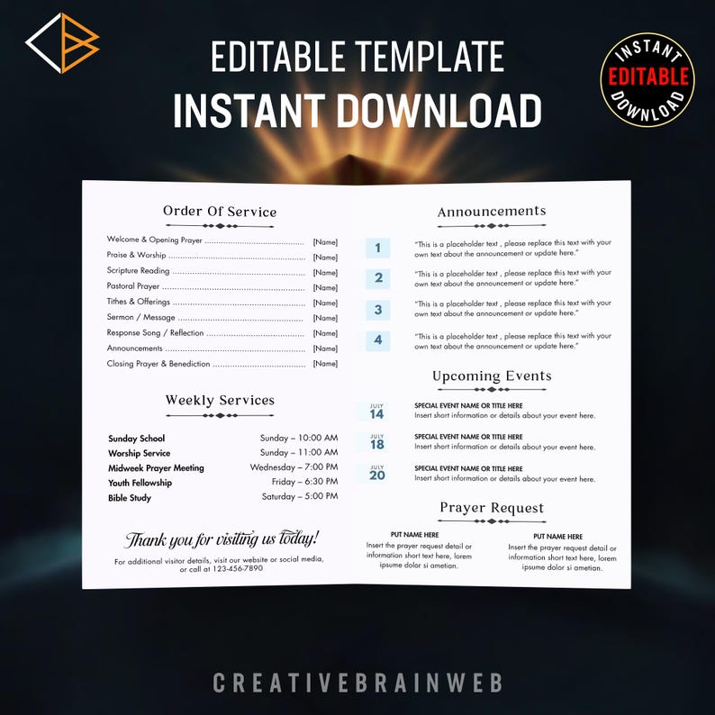 Church Bulletin Template Editable Canva Bifold Program Worship