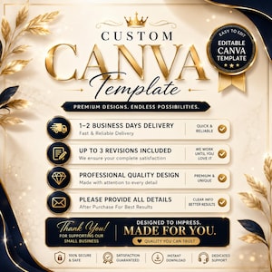 Op de afbeelding: Een digitale afbeelding met de tekst CUSTOM CANVA TEMPLATE en een gouden kroonicoon. Het ontwerp bevat een gouden zegel met de tekst EASY TO EDIT EDITABLE CANVA TEMPLATE, somt servicekenmerken op met iconen en bevat de tekst MADE FOR YOU.