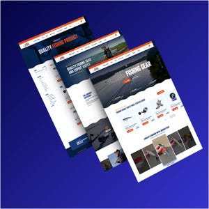 K&ouml;nnte beinhalten: Drei Website-Mockups auf blauem Hintergrund. Die Websites haben ein dunkelblaues und wei&szlig;es Farbschema mit orangefarbenen Akzenten. Der Text enth&auml;lt "QUALITY FISHING PRODUCT" und "PREMIUM FISHING GEAR". Die Websites pr&auml;sentieren Angelausr&uuml;stung und Expertenrat.