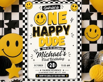 One Happy Dude Birthday Invitation | Retro Smiley Face 1st Birthday Party | Boy First Birthday | Editable Canva