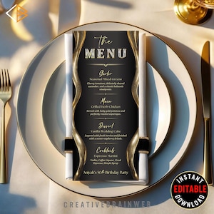 Black and Gold Birthday Menu Template | Editable Printable Dinner Party Menu | Elegant Table Card Digital Download