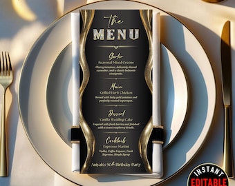 Black and Gold Birthday Menu Template | Editable Printable Dinner Party Menu | Elegant Table Card Digital Download