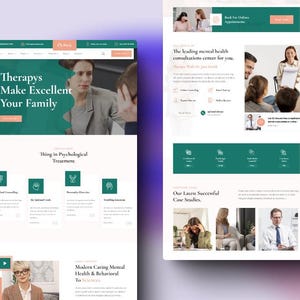 K&ouml;nnte beinhalten: Webdesign f&uuml;r ein Beratungszentrum f&uuml;r psychische Gesundheit. Das Design zeigt ein t&uuml;rkis-wei&szlig;es Farbschema mit Bildern von Menschen in Therapiesitzungen. Der Text enth&auml;lt "Therapys Make Excellent Your Family."