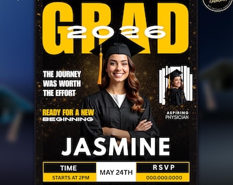 Graduation Invitation Template | Magazine Cover Graduation Invite | Editable Canva Party Flyer | Class of 2026 Download
