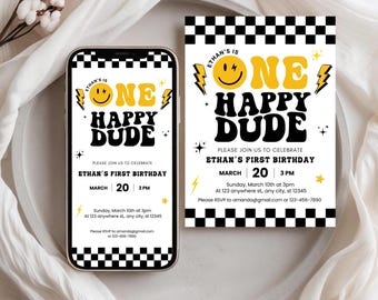 One Happy Dude 1st Birthday Invitation: Editable Canva Template (Digital Download)