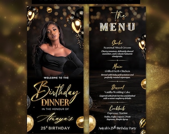 Black and Gold Birthday Menu Template | Editable Dinner Party Menu | Elegant Printable Table Card