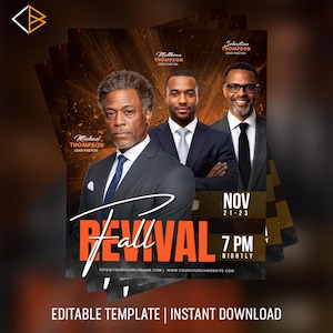 Peut inclure: Flyer promotionnel avec trois hommes en costume, annonçant un événement "Revival". L'arrière-plan est un dégradé orange foncé et marron avec les détails de l'événement : "NOV 21-23" et "7 PM NIGHTLY". Le texte en bas indique "EDITABLE TEMPLATE | INSTANT DOWNLOAD".