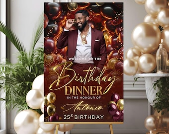 Editable Birthday Welcome Sign: Burgundy, Wine Red & Gold Party Poster (Digital Download, Canva Template)