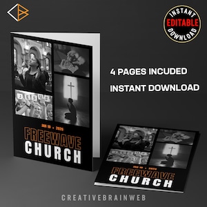 May include: Black and white brochure with the text "FREEWAVE CHURCH" and "JAN 10 • 2026". The brochure includes images of people and the word "JESUS". The words "4 PAGES INCUDED" and "INSTANT DOWNLOAD" are also visible.