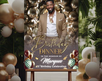 Editable Birthday Welcome Sign: Mocha, Taupe & Champagne Gold Party Poster (Digital Download, Canva Template)