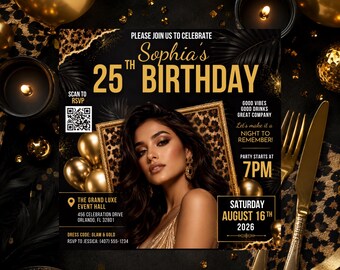 Glam Gold Leopard Birthday Invitation | Elegant Birthday Dinner Party Invite | Digital Video Invitation | Editable Canva