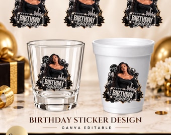 Black And Silver Birthday Sticker, Styrofoam Cup and Shot Glass Design, All Zodiac Signs, Instant Download