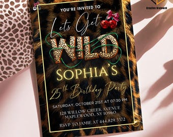 Cheetah Leopard Print Birthday Invitation | Editable Red and Black Cherry Theme | Let's Get Wild Party Invite | Digital Download